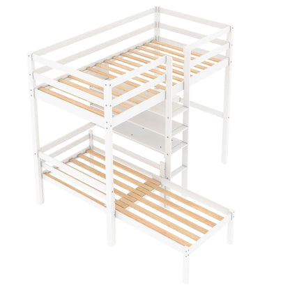 Convertible Loft Bed with L-Shape Desk, Twin Bunk Bed with Shelves and Ladder, White(OLD SKU:SM000209AAK-1)