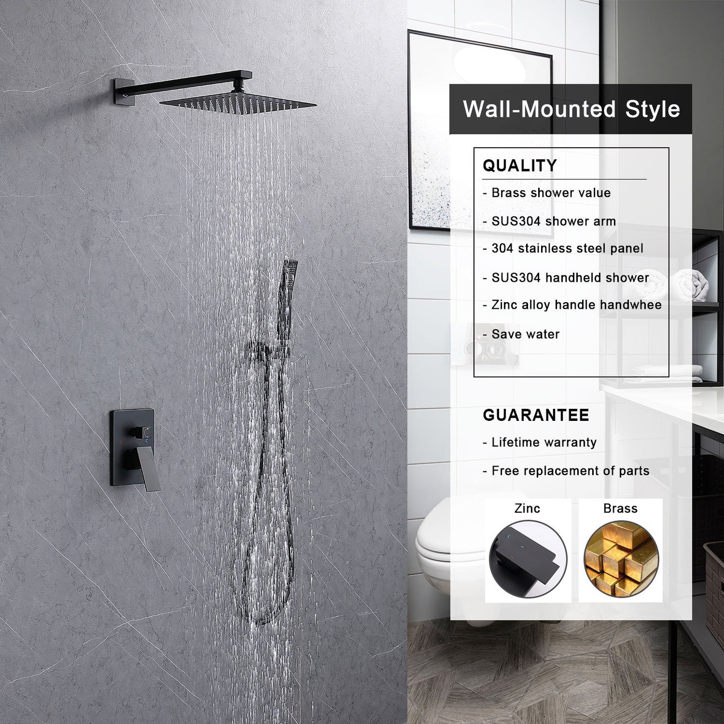 Shower System Shower Faucet Combo Set Wall Mounted with 10" Rainfall Shower Head and handheld shower faucet, Matt Black Finish with Brass Valve Rough-In