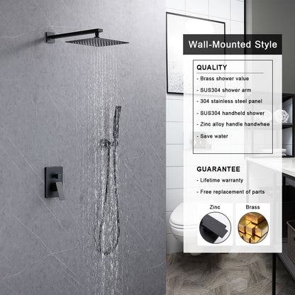 Shower System Shower Faucet Combo Set Wall Mounted with 10" Rainfall Shower Head and handheld shower faucet, Matt Black Finish with Brass Valve Rough-In