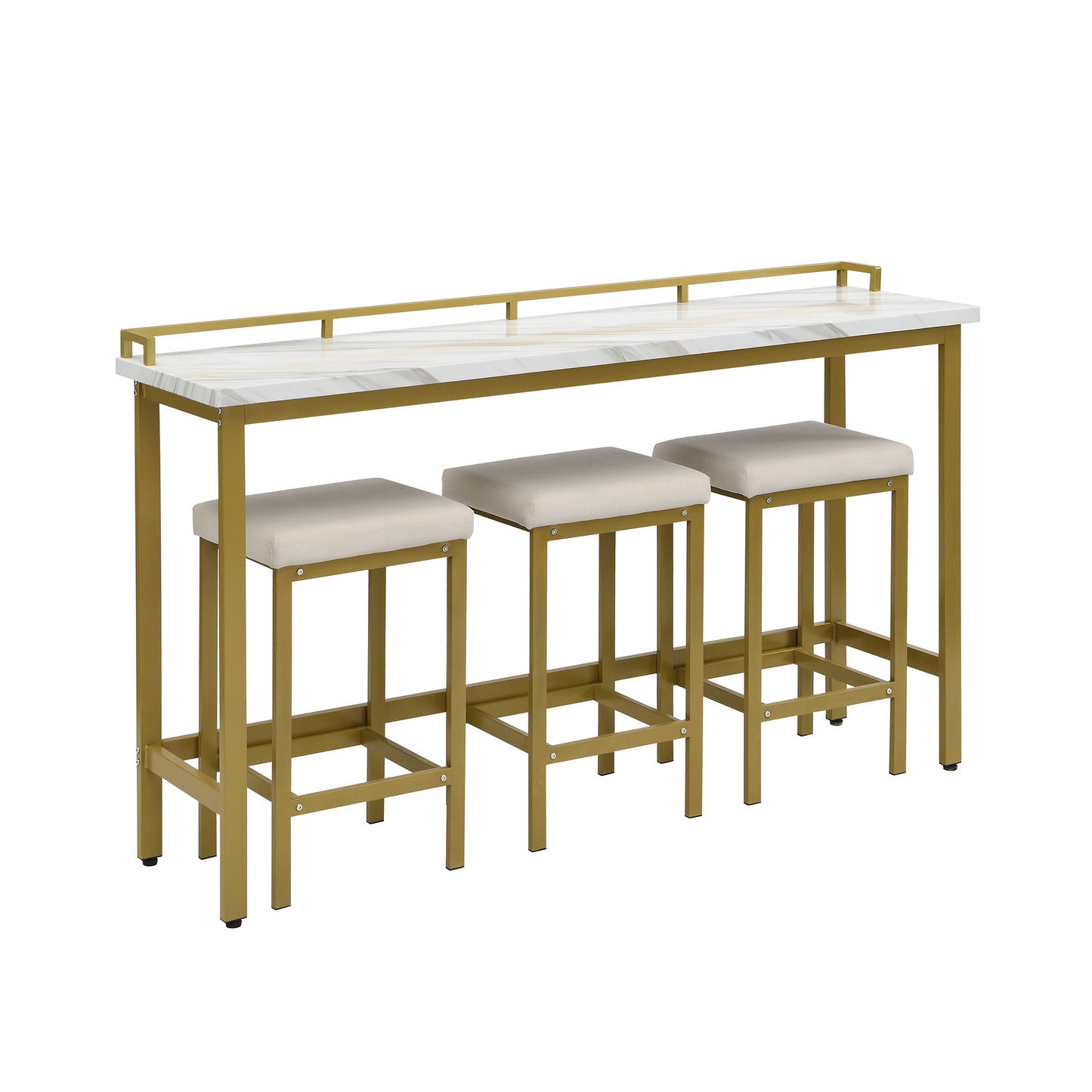 TOPMAX Modern 4-Piece Counter Height Extra Long Console Dining Table Set Bar Kitchen Set with 3 Fabric Stools, Gold+Beige