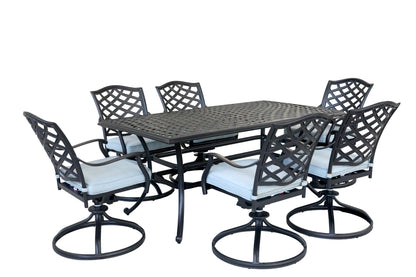 Aluminum 7-Piece Rectangular Dining Set With 6 Swivel Rockers, Light Blue