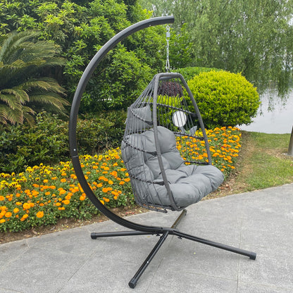 Outdoor Patio Wicker Folding Hanging Chair,Rattan Swing Hammock Egg Chair With C Type Bracket, With Cushion And Pillow