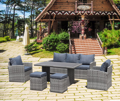 6-Piece Outdoor PE Rattan Sofa Set Patio Garden Wicker Dining and Coffee Sofa-Grey