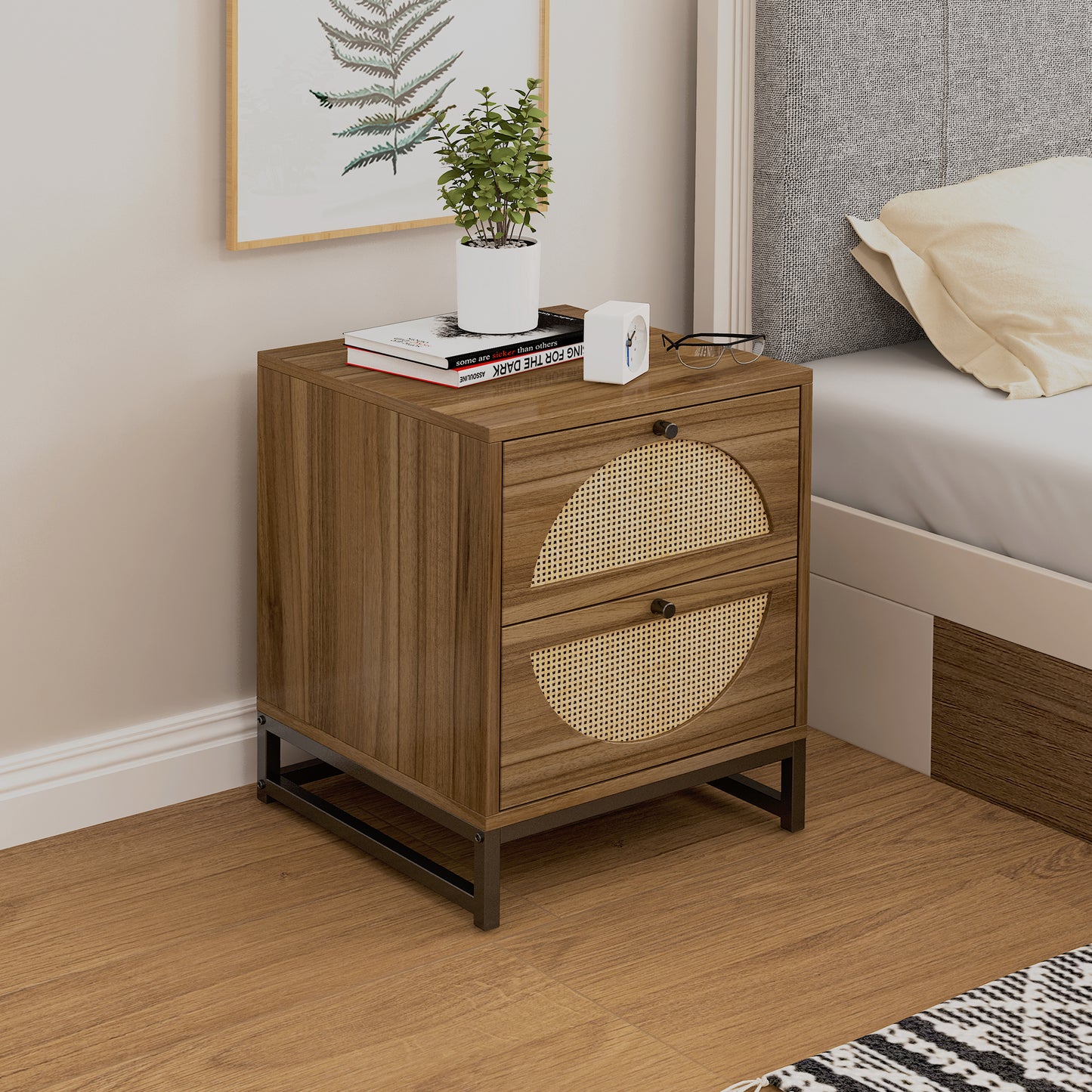 Rattan Nightstand Set of 2, Walnut End Table with 2 Natural Rattan Drawer & Metal Legs