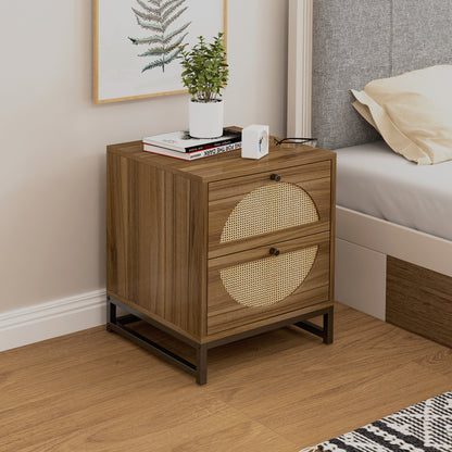 Rattan Nightstand Set of 2, Walnut End Table with 2 Natural Rattan Drawer & Metal Legs