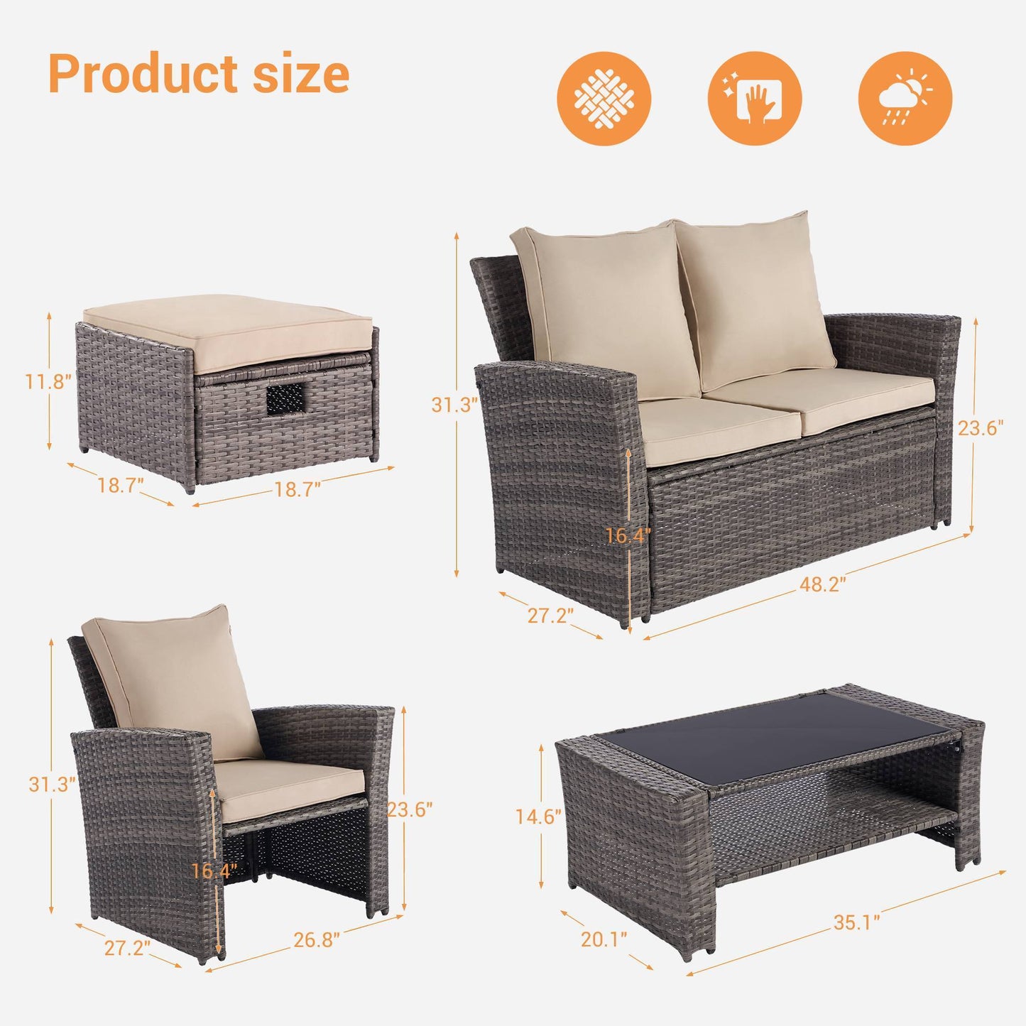 Outdoor 6pcs Rattan Furniture Set  Sofa And Table Set Grey+khaki