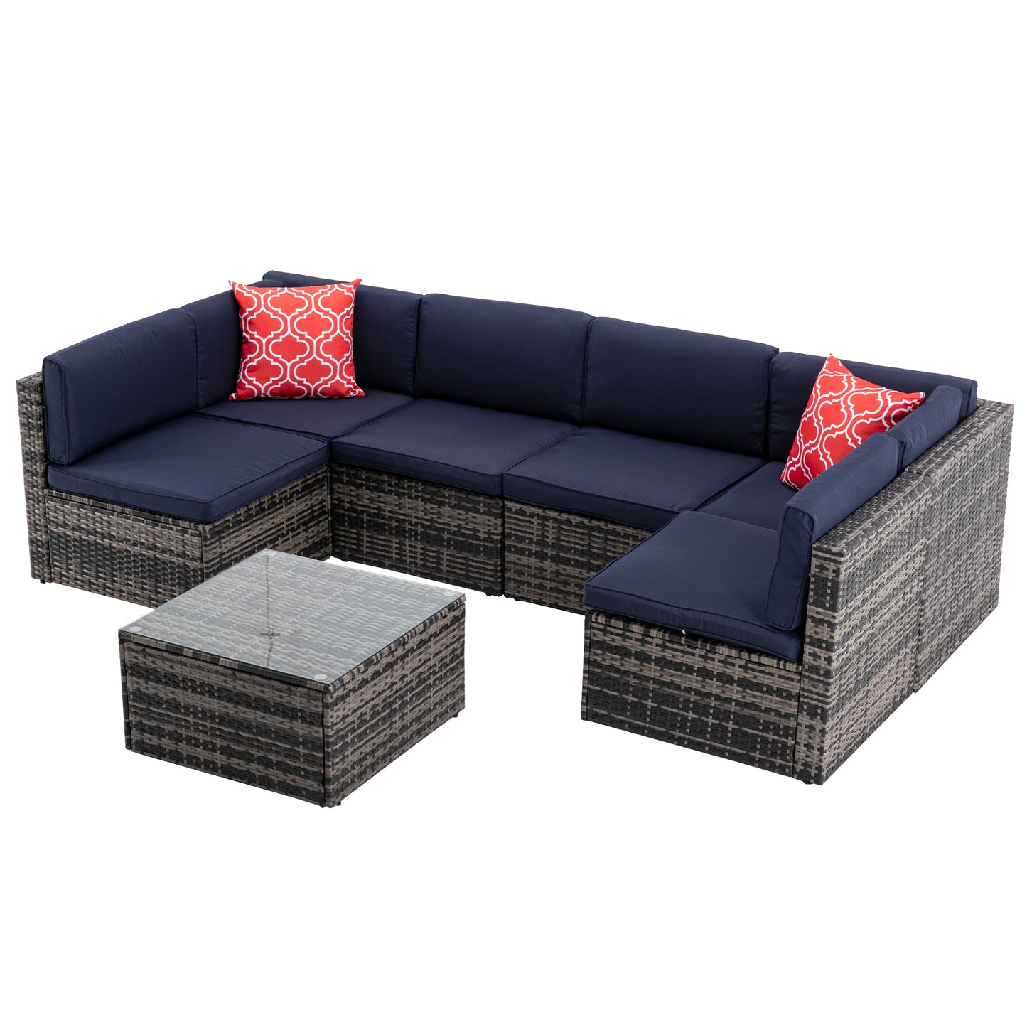 7Pcs Outdoor Garden Patio Furniture  PE Rattan Wicker  Sectional Cushioned Sofa Sets with 2 Pillows and Coffee Table