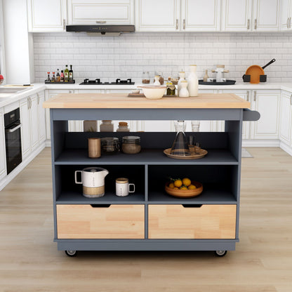 Kitchen Cart Rolling Mobile Kitchen Island Solid Wood Top, Kitchen Cart With 2 Drawers,Tableware Cabinet（Grey Blue）