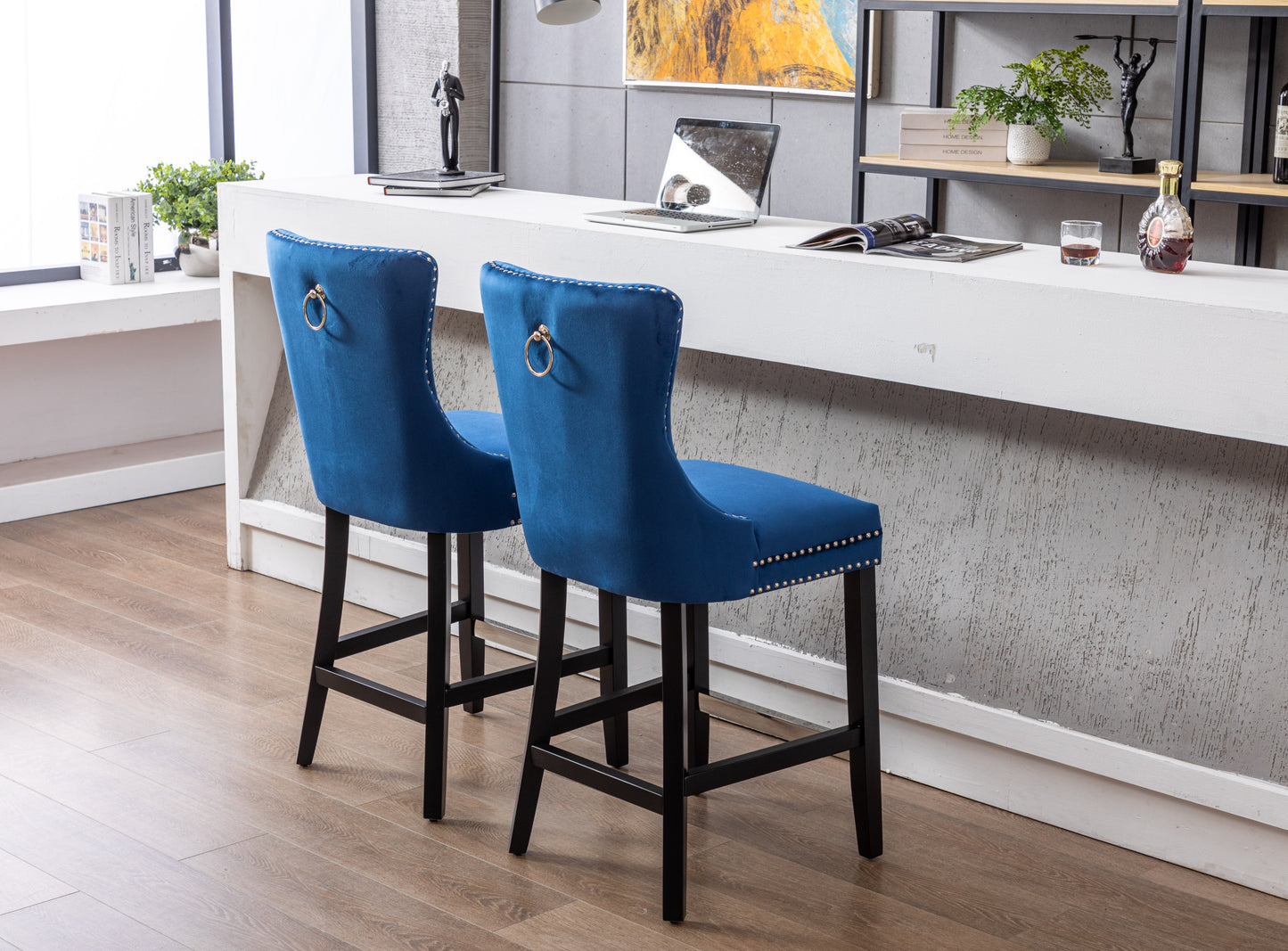 Set of 2 Upholstered Blue Velvet Bar stool with Solid Wood Legs