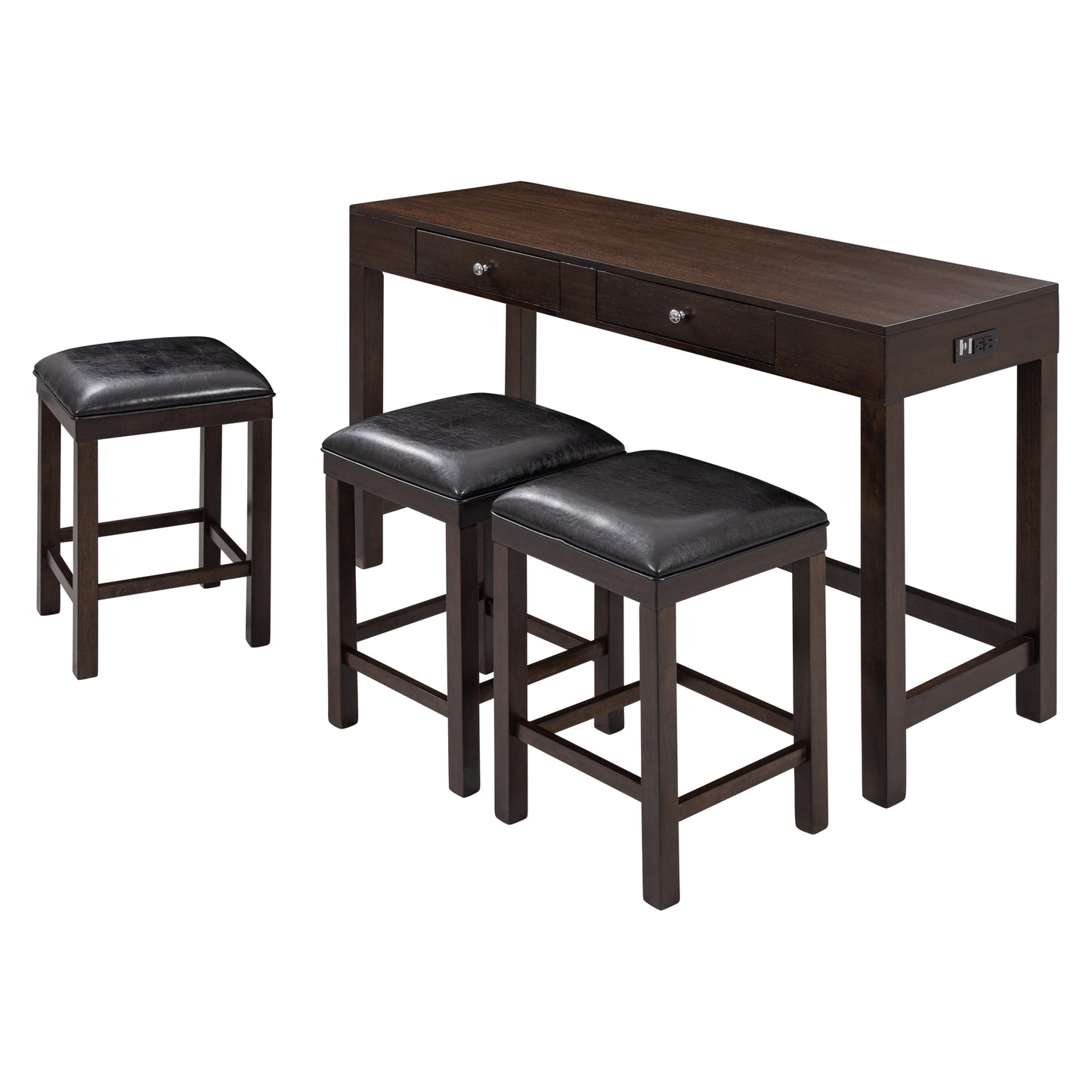 TOPMAX 4-Piece Counter Height Table Set with Socket and Leather Padded Stools, Espresso