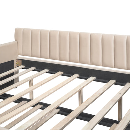 Full Size Upholstered daybed with Trundle and Wood Slat Support, Beige