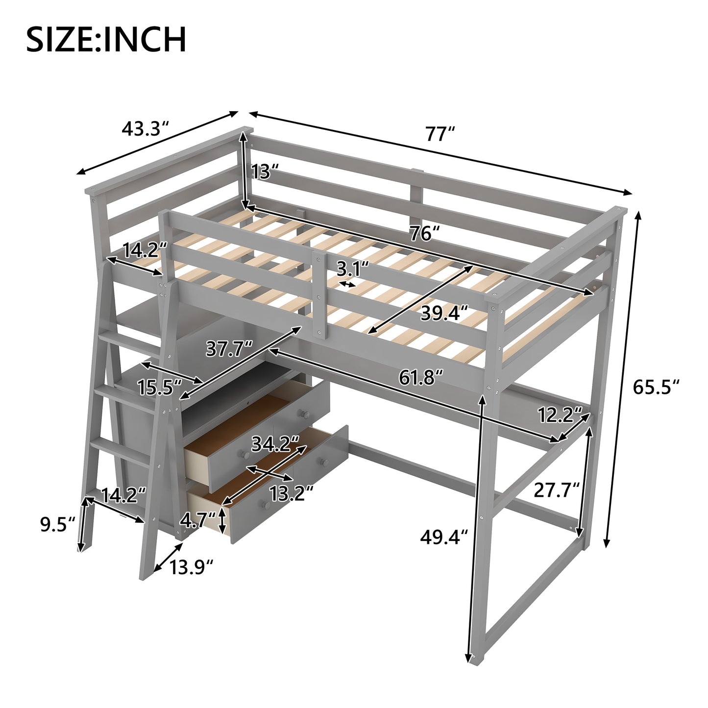 Twin Size Loft Bed with Desk and Shelves,Two Built-in Drawers,Gray(OLD SKU:GX000803AAE)