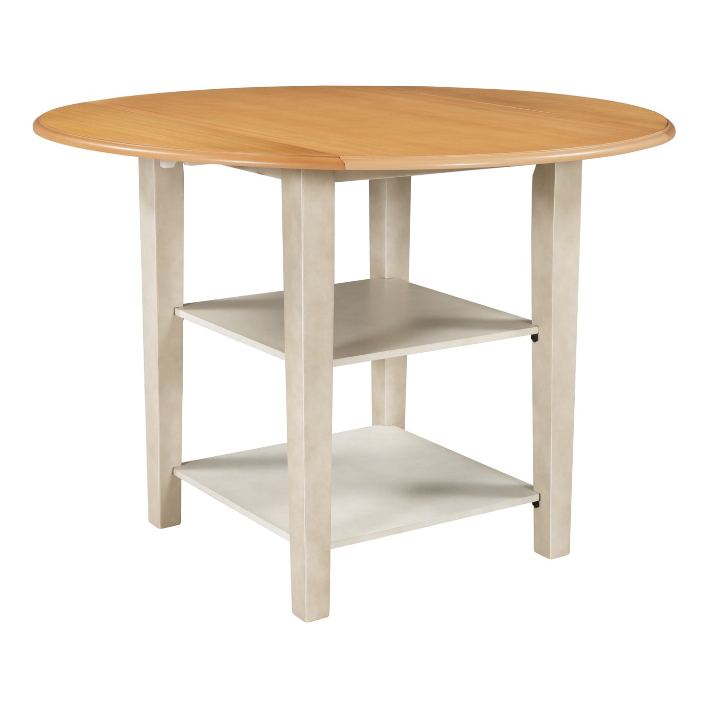 TOPMAX Farmhouse Round Kitchen Dining Table with Drop Leaf  and  2-tier Shelves for Small Places, Natural + Distressed White