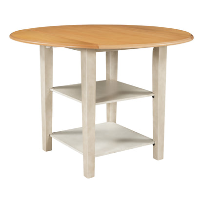 TOPMAX Farmhouse Round Kitchen Dining Table with Drop Leaf  and  2-tier Shelves for Small Places, Natural + Distressed White