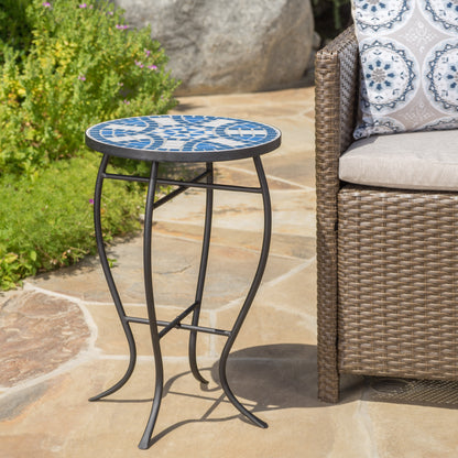 Harington Outdoor Blue & White Ceramic Tile Iron Frame Side Table