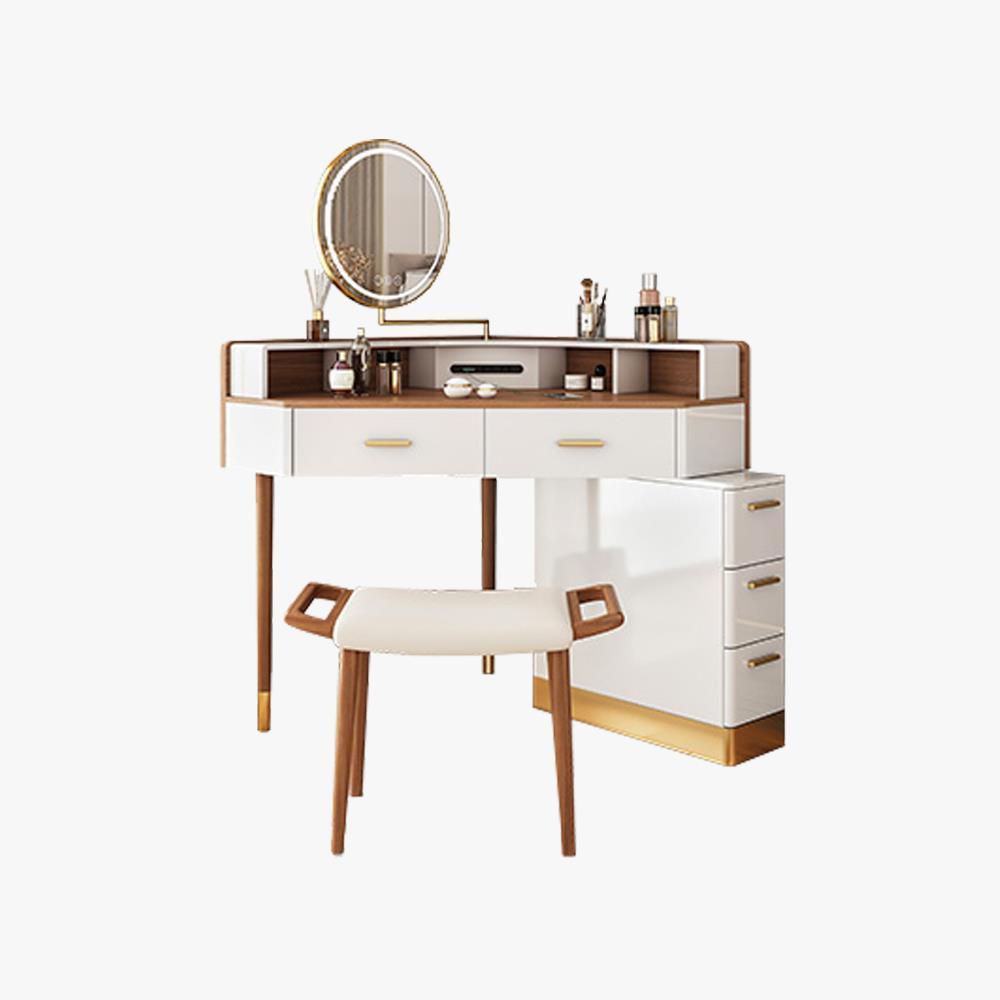 Modern Corner Makeup Vanity Table with LED Lighted Mirror, Vanity Desk with 5 Drawers, Piano Finish, Solid Wood Legs, Stool,