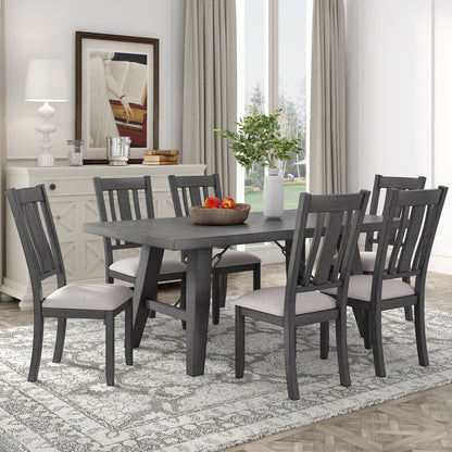 TREXM 7-Piece Dining Room Set - 72" Industrial Style Rectangular Table with Chain Bracket and 6 Dining Chairs (Gray)