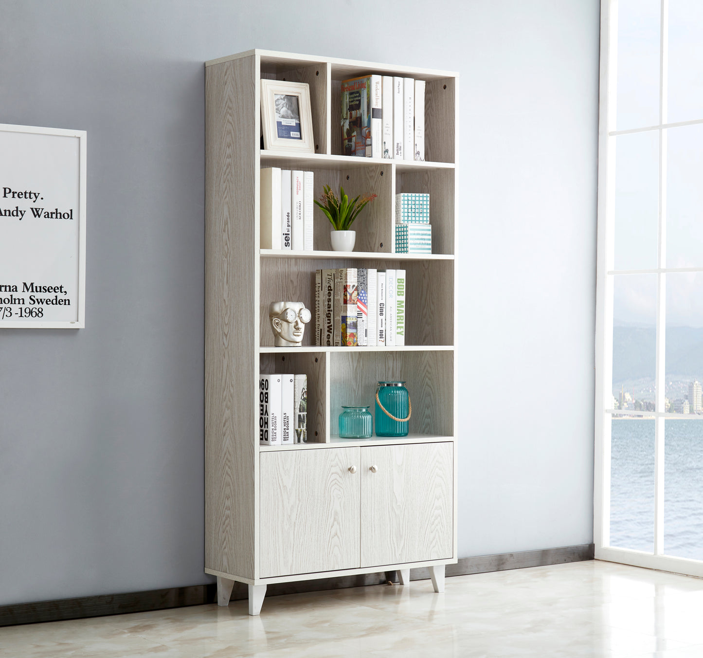 68" Bookcase with 2 Doors, Bookshelf, White