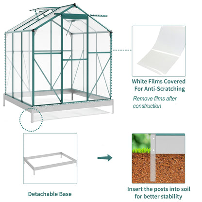 TOPMAX Upgraded Outdoor Patio 6.2ft Wx6.3ft D Greenhouse, Walk-in Polycarbonate Greenhouse with 2 Windows and Base,Aluminum Hobby Greenhouse with Sliding Door for Garden, Backyard, Green