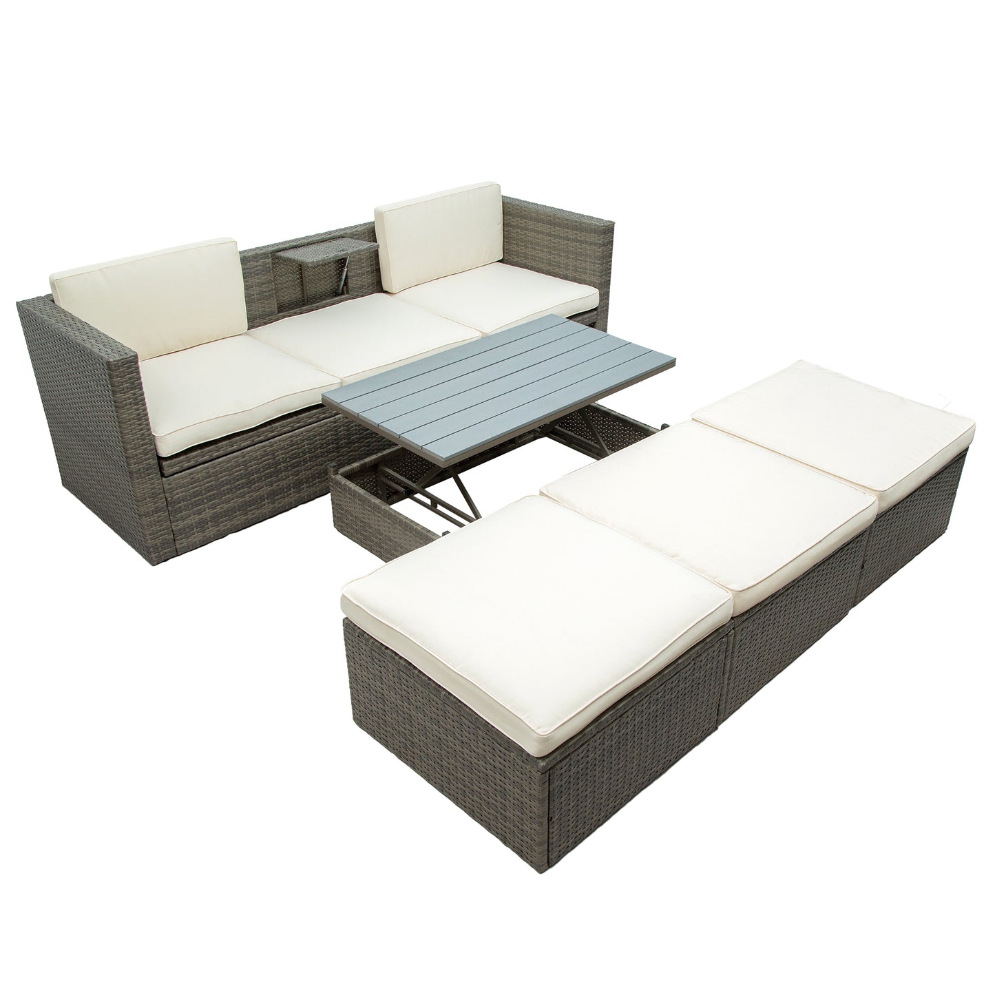 U_STYLE Patio Furniture Sets, 5-Piece Patio Wicker Sofa with Adustable Backrest, Cushions, Ottomans and Lift Top Coffee Table