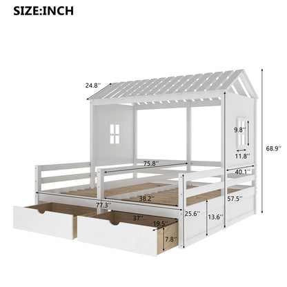 Twin Size House Platform Beds with Two Drawers for Boy and Girl Shared Beds, Combination of 2 Side by Side Twin Size Beds, White