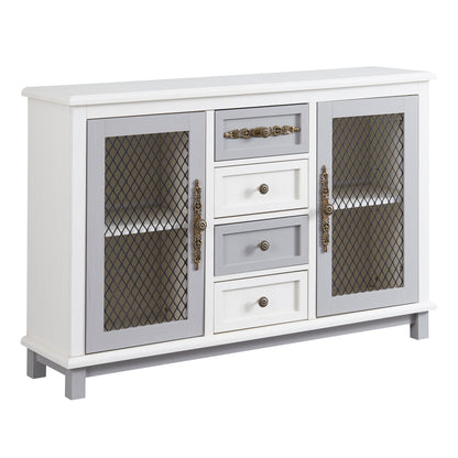 TREXM Retro Style Cabinet with 4 Drawers of the Same Size and 2 Iron Mesh Doors for Living Room and Entryway