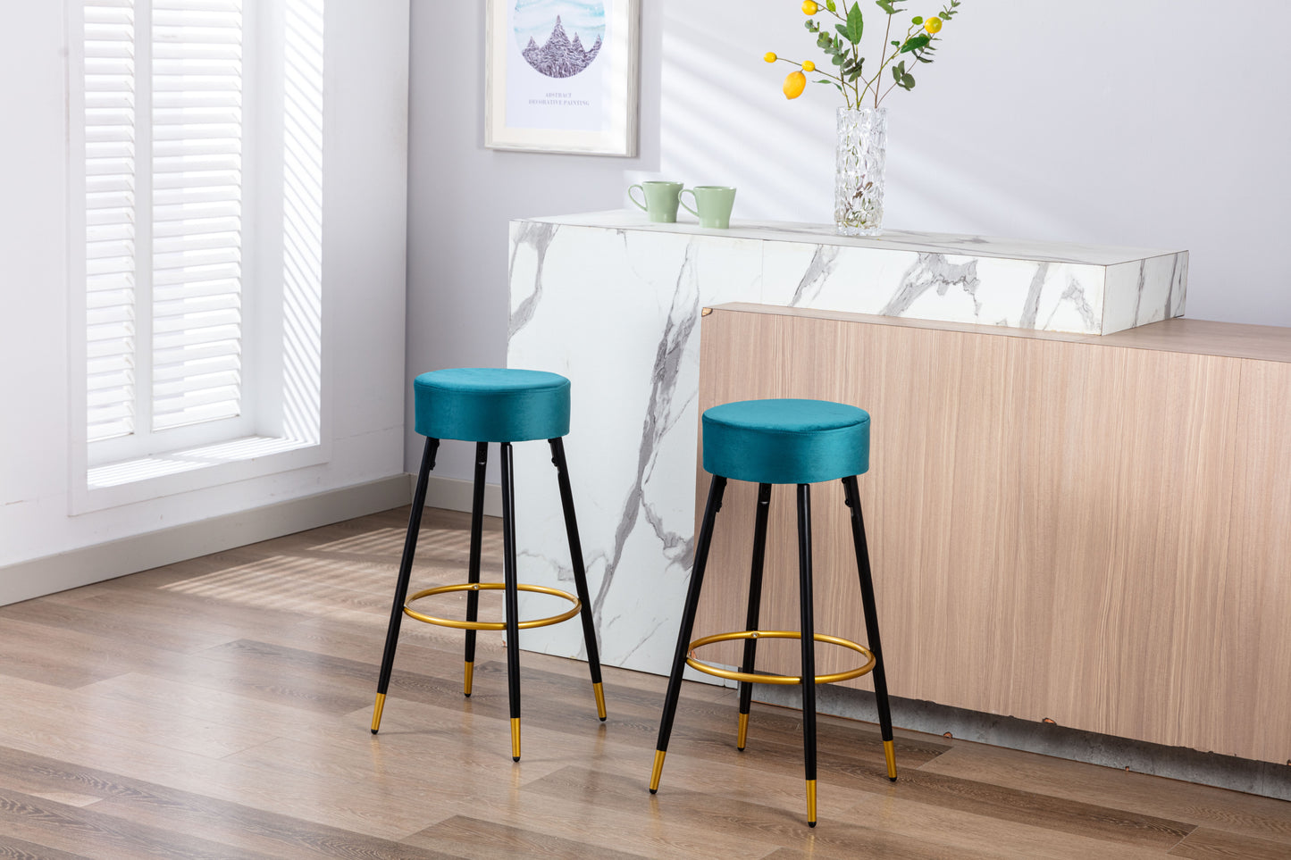 Counter Height Bar Stools Set of 2, Velvet Kitchen Stools Upholstered Dining Chair Stools 24 Inches Height with Golden Footrest for Kitchen Island Coffee Shop Bar Home Balcony,