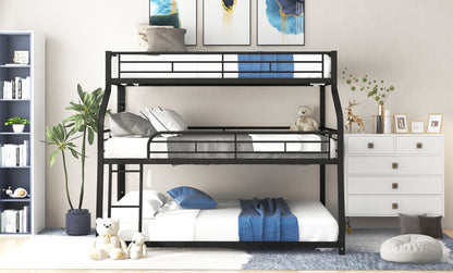 Twin XL/Full XL/Queen Triple Bunk Bed with Long and Short Ladder and Full-Length Guardrails,Black