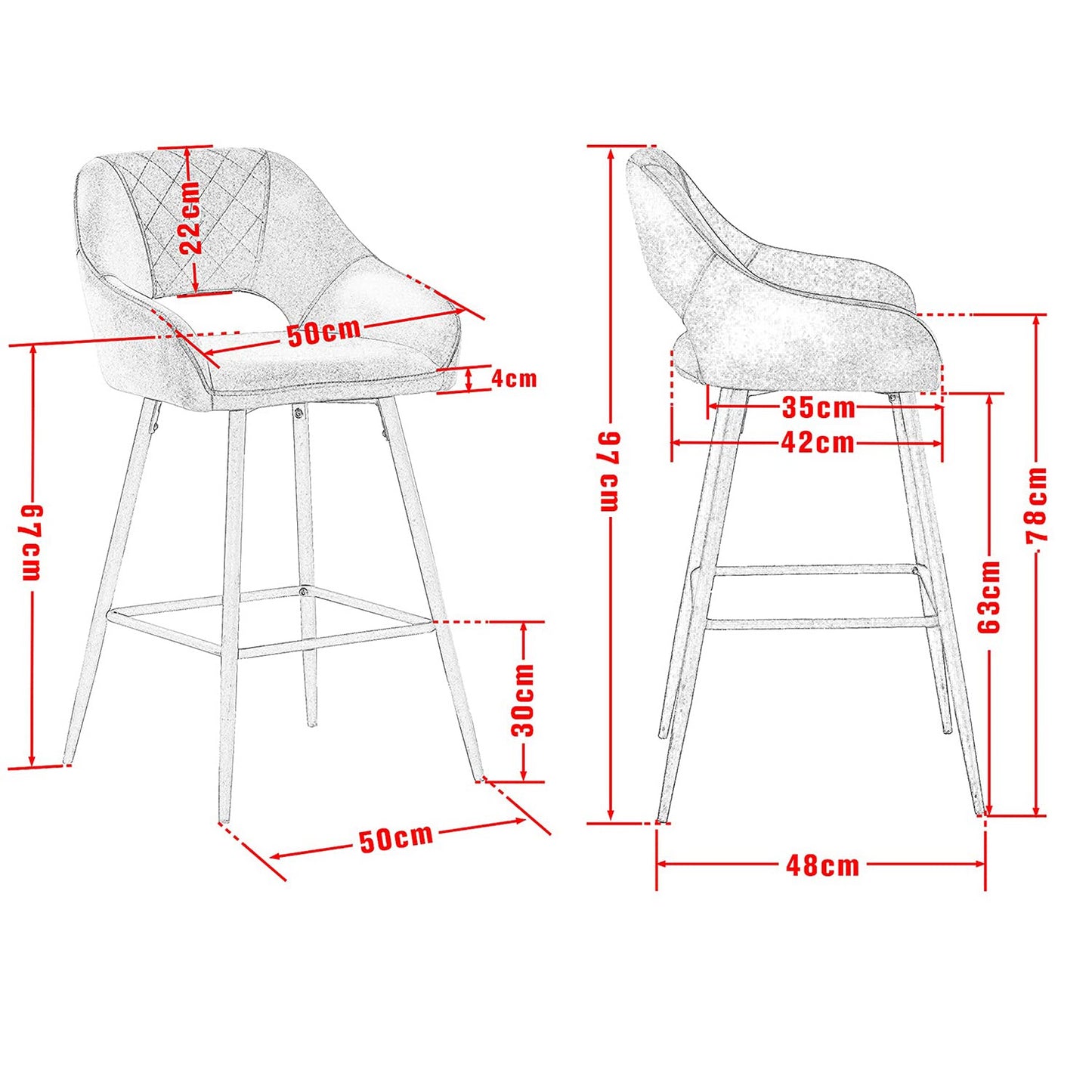 Bar Stools Set of 2 Velvet ROSE Breakfast Dining Bar Stools Fixed Height Bar Chairs with Metal Frame and Footrest for Breakfast Bar, Counter, Kitchen and Home