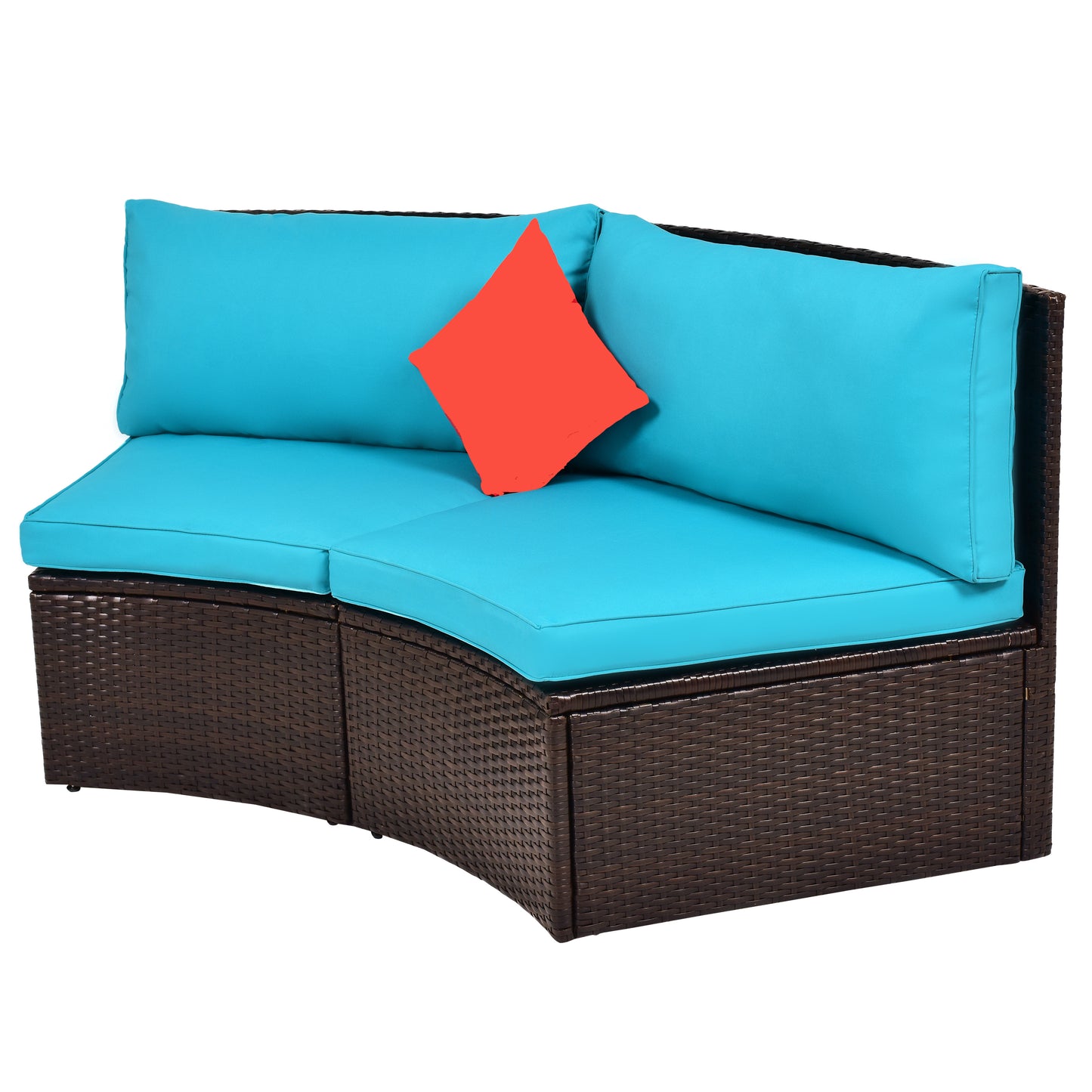 TOPMAX 4-Piece Patio Furniture Sets, Outdoor Half-Moon Sectional Furniture Wicker Sofa Set with Two Pillows and Coffee Table, Blue Cushions+Brown Wicker