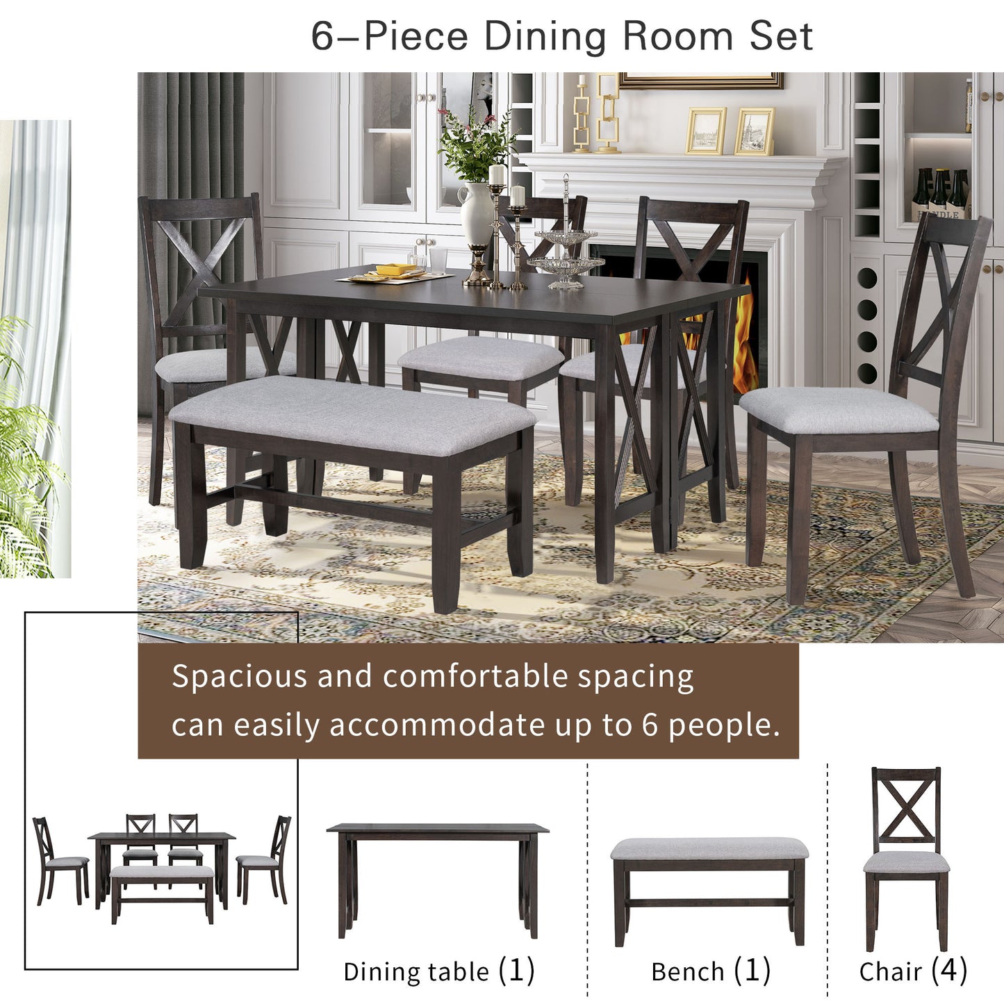 TREXM 6-Piece Family Dining Room Set Solid Wood Space Saving Foldable Table and 4 Chairs with Bench for Dining Room (Espresso)