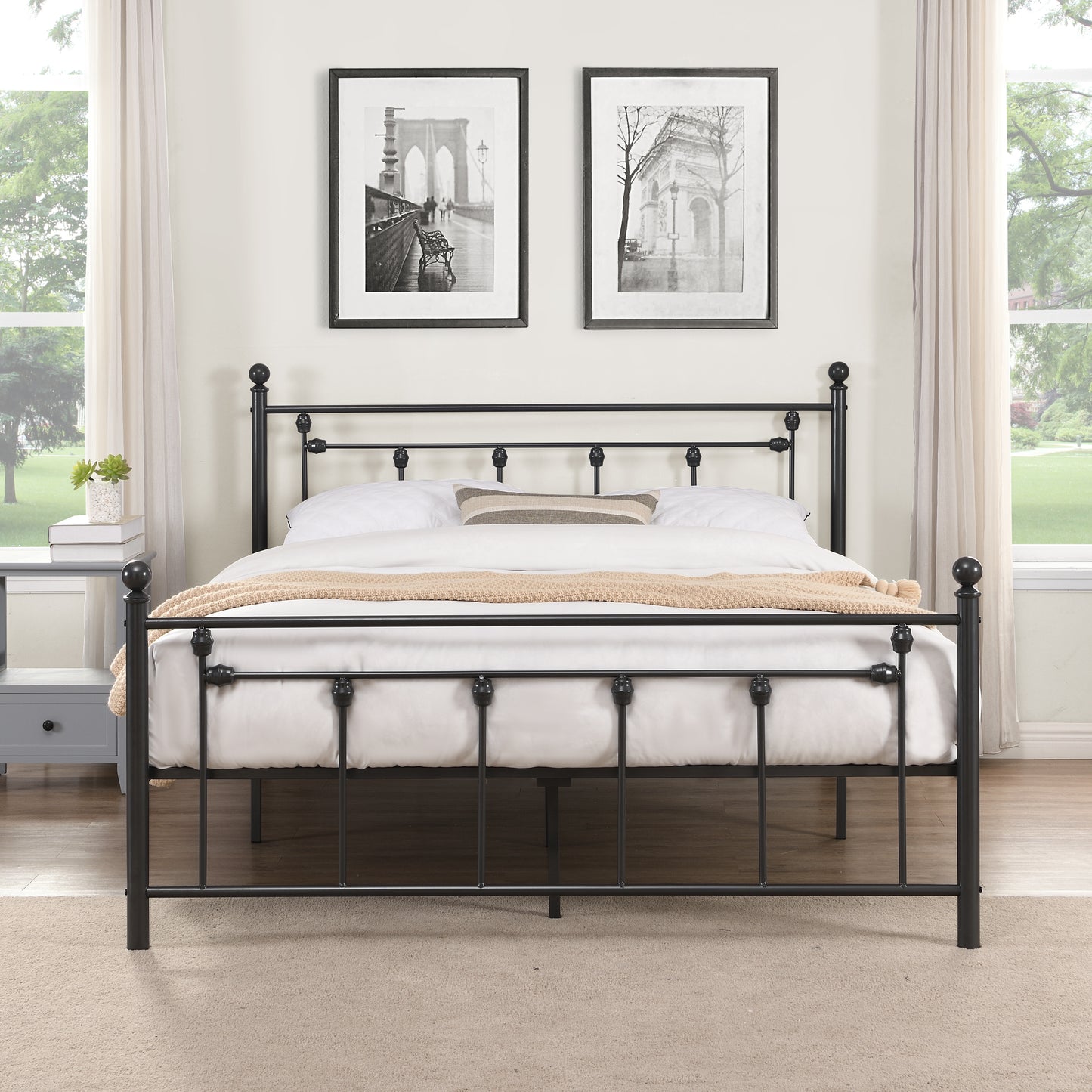 Full Size Metal Bed Frame with Headboard and Footboard(BLACK)