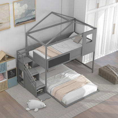 Twin over Full House Bunk Bed with Storage Staircase and Blackboard,Grey