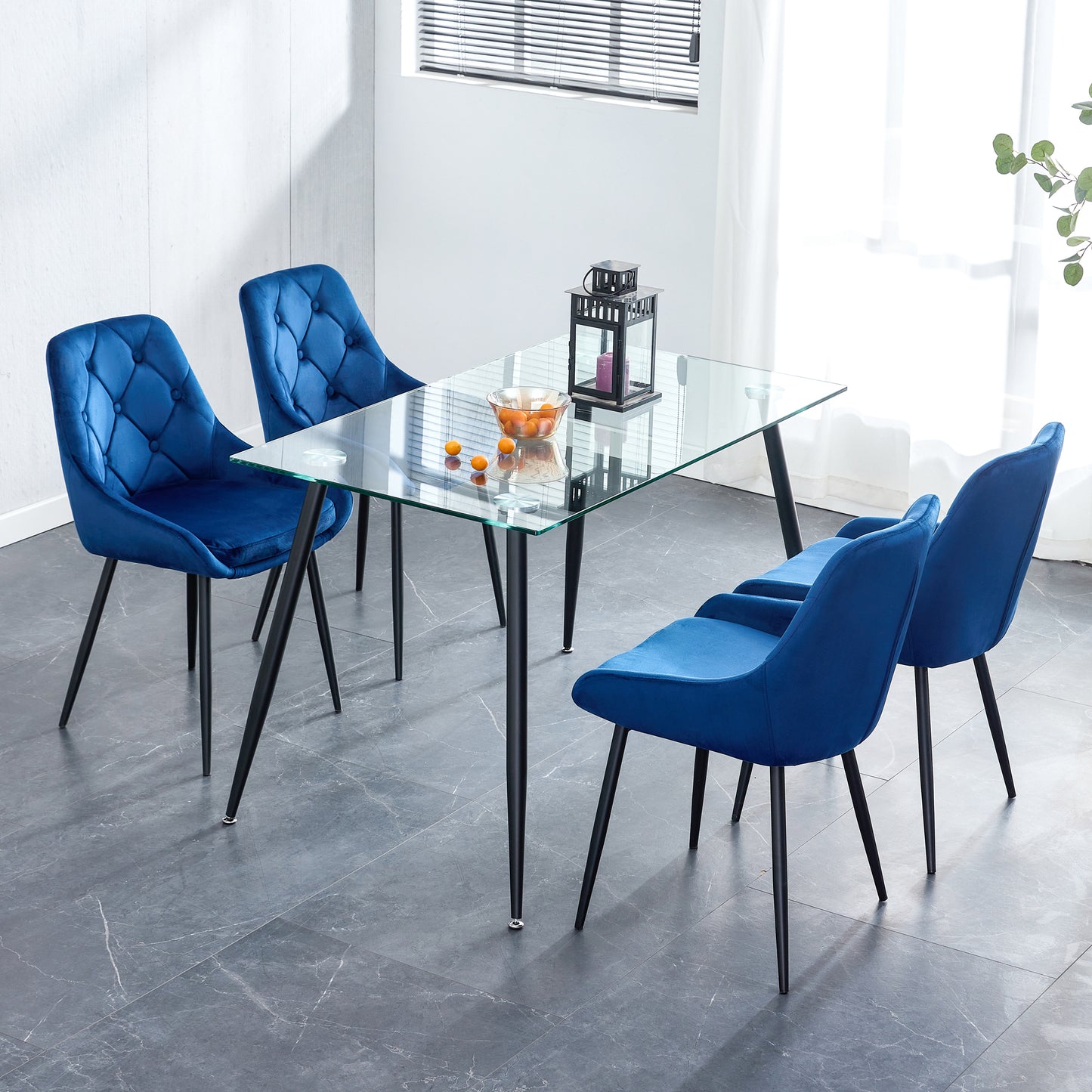 Kitchen Dining Room Metal legs Glass Table Set with 4 pcs blue velvet fabric dining chairs