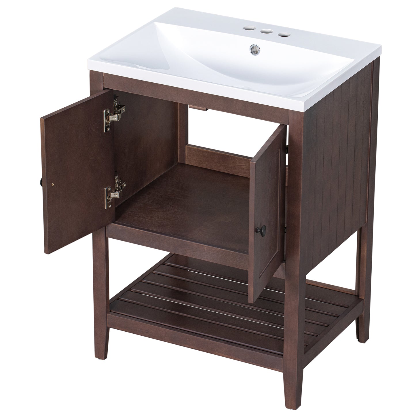 [VIDEO] 24" Brown Modern Sleek Bathroom Vanity Elegant Ceramic Sink with Solid Wood Frame Open Style Shelf