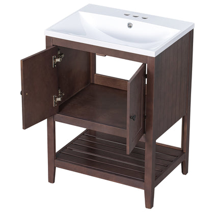 [VIDEO] 24" Brown Modern Sleek Bathroom Vanity Elegant Ceramic Sink with Solid Wood Frame Open Style Shelf