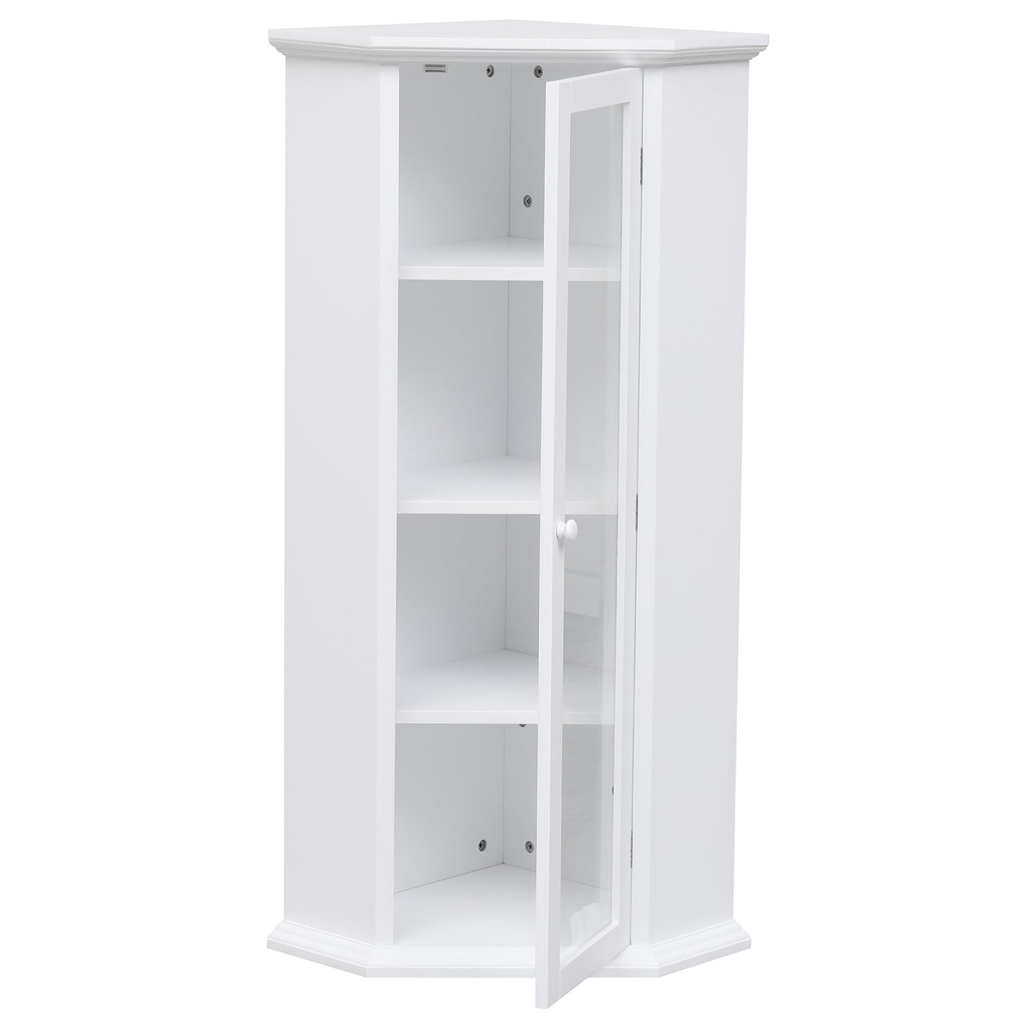 Freestanding Bathroom Cabinet with Glass Door, Corner Storage Cabinet for Bathroom, Living Room and Kitchen, MDF Board with Painted Finish, White