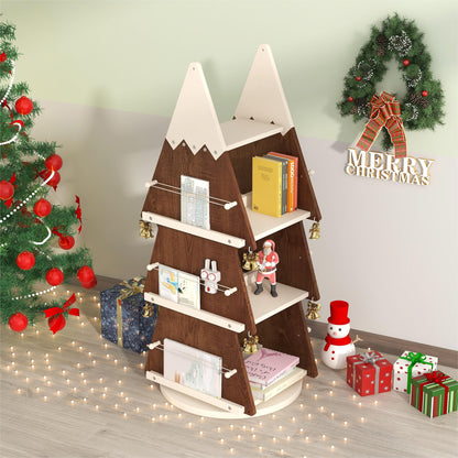 Christmas Rotating Bookshelf,Wooden Storage Rack for Kids Room, 360° Display Organizer for Study Room,Walnut+Cream