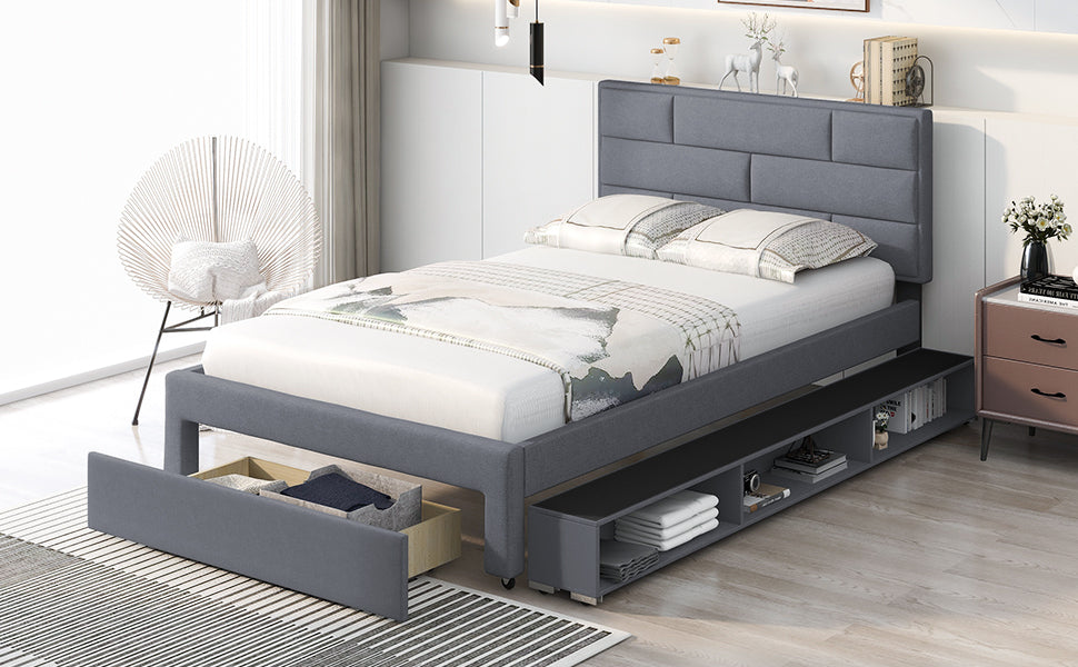 Full Size Linen Upholstered Platform Bed With a Drawer and Storage Shelves,Gray