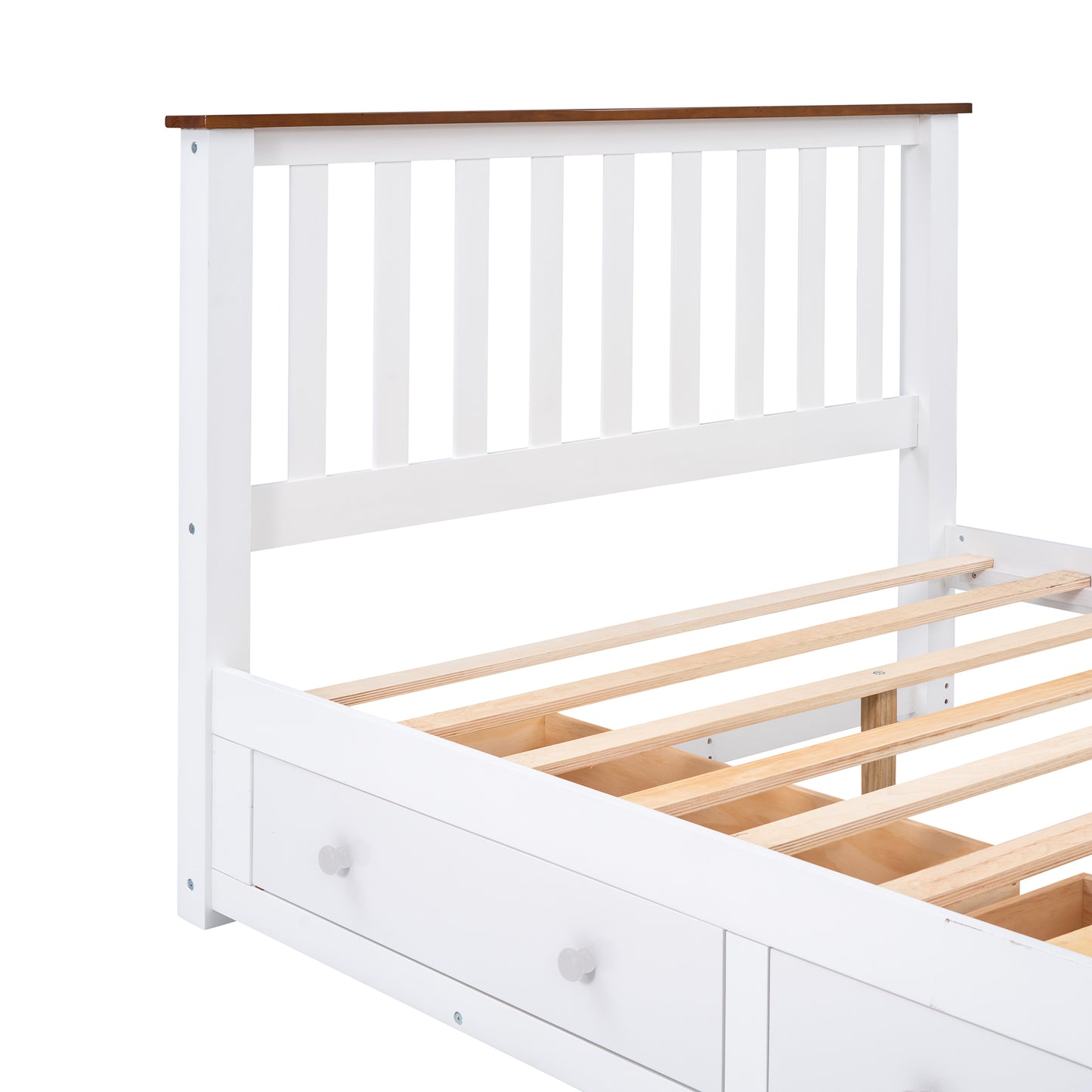 Full Size Wood Platform Bed with Two Drawers and Wooden Slat Support,White+walnut