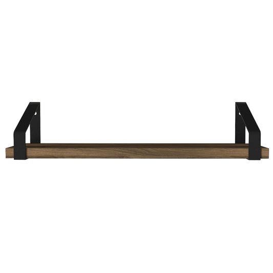 Joel 18 Inch Industrial Rectangular Wood and Metal Floating Wall Shelf, Grain Details, Walnut Brown, Black