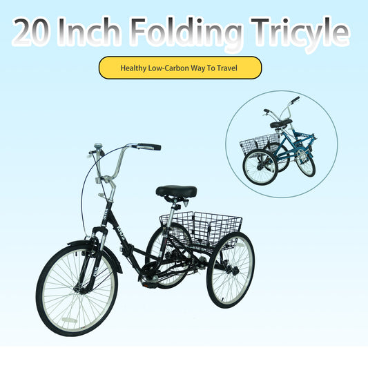 20 Inch Adult Folding Tricycles 3 Wheel W/Installation Tools with Low Step-Through, Large Basket, Foldable Tricycle for Adults, Women, Men