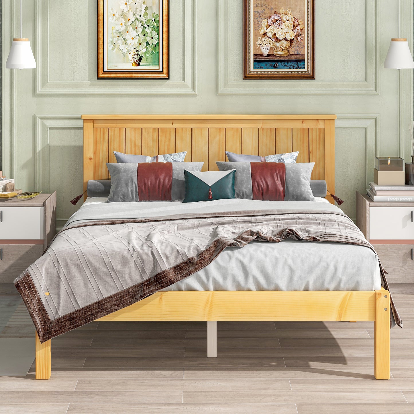 Platform Full Bed with Headboard,Natural