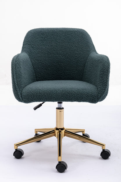 Modern Teddy Fabric Material Adjustable Height 360 Revolving Home Office Chair With Gold Metal Legs And Universal Wheel For Indoor,Green