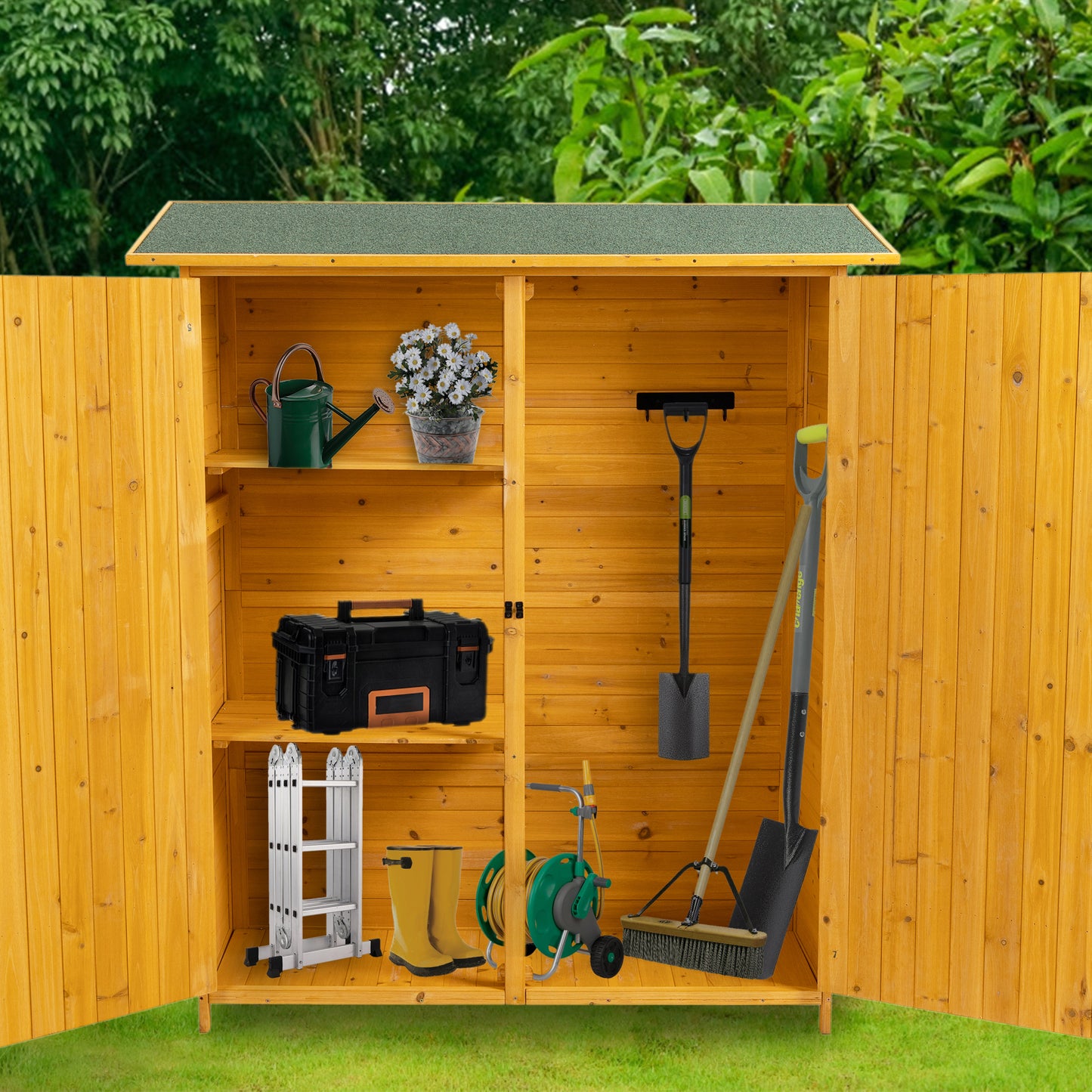 56”L x 19.5”W x 64”H Outdoor Storage Shed with Lockable Door, Wooden Tool Storage Shed w/Detachable Shelves & Pitch Roof, Natural