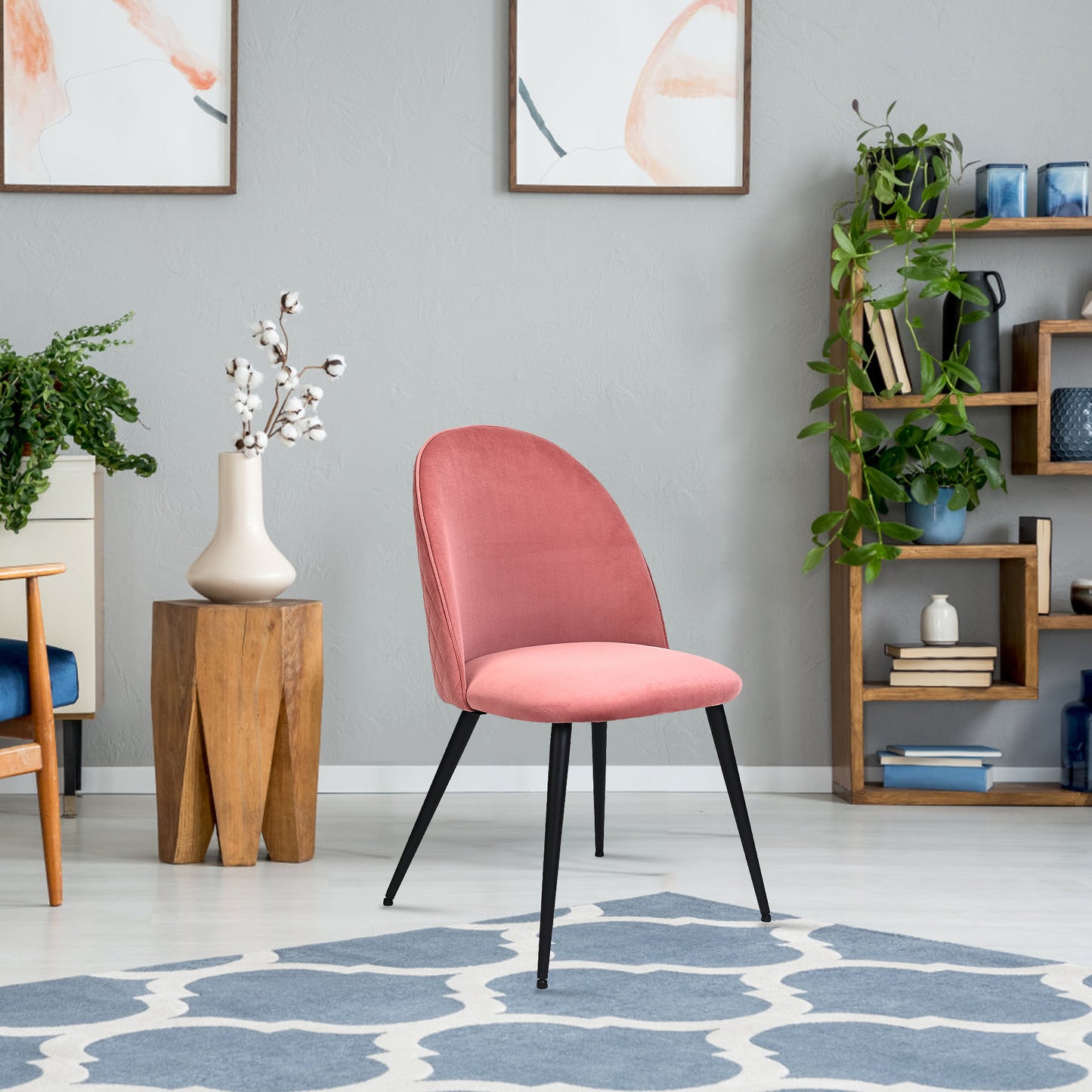 Dining Chair, Pink Velvet, Metal Black legs, Set of 2 Side Chairs