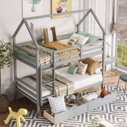 Twin over Twin House Bunk Bed with Two Drawers and Chimney Design,Gray