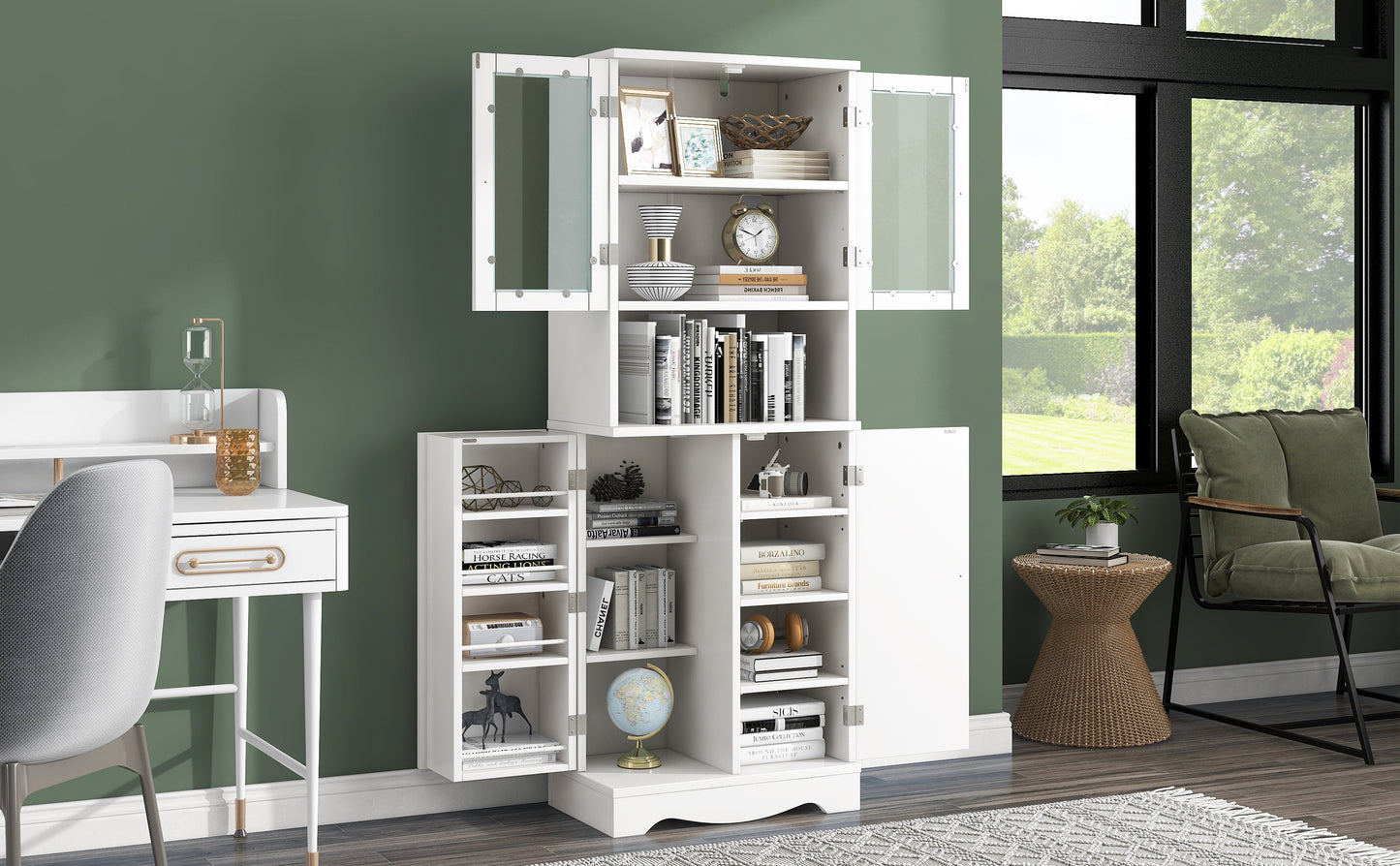 Tall Storage Cabinet with Glass Doors for Bathroom/Office, Multiple Storage Space, White