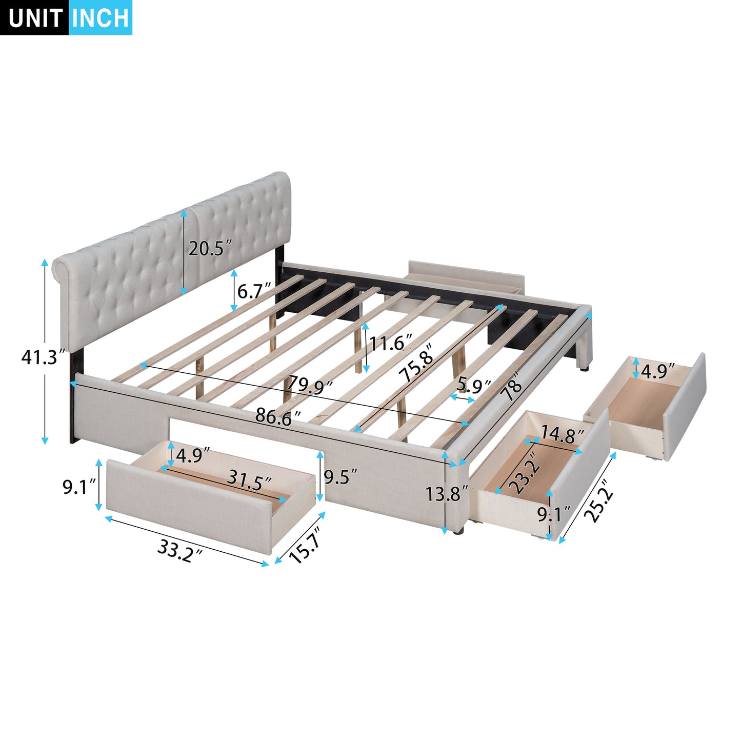 King Size Upholstery Platform Bed with Four Drawers,Beige