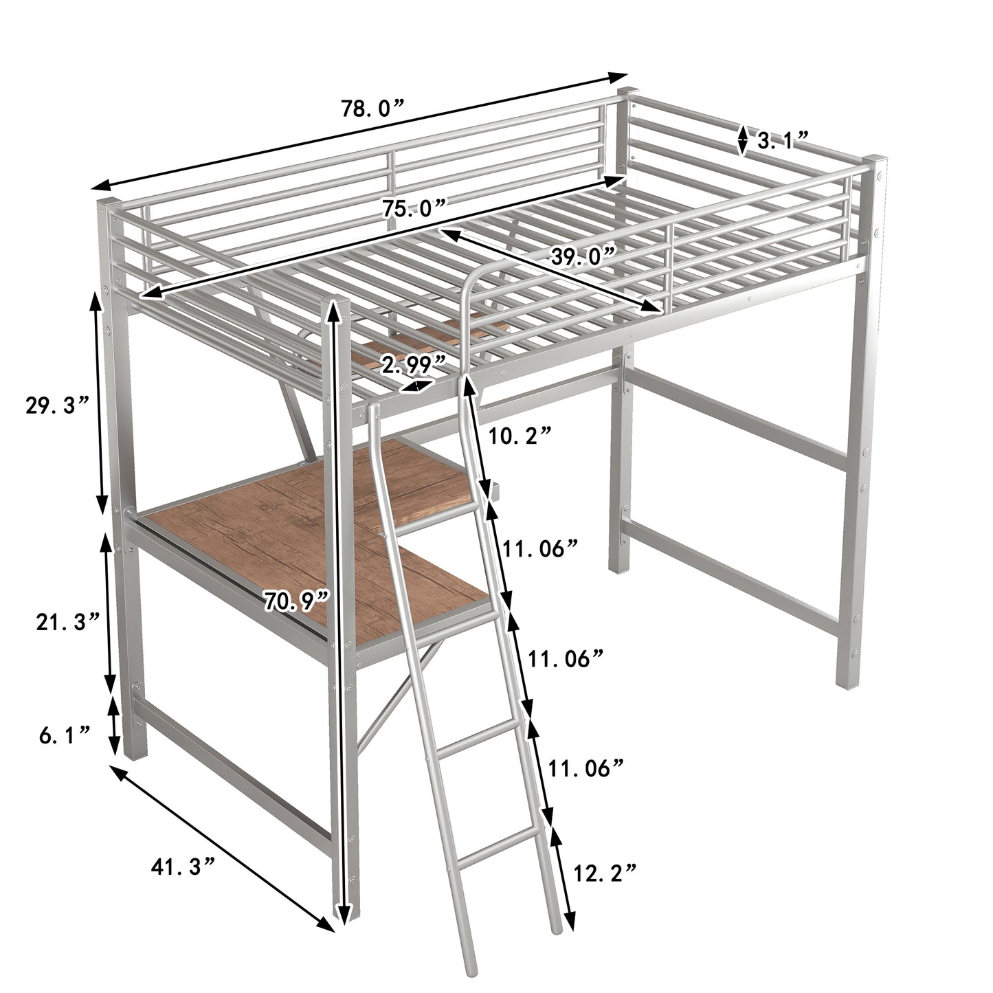 Twin Size Loft Metal&MDF Bed with Desk and Shelf, Silver (Old SKU:SM001105AAN-1)